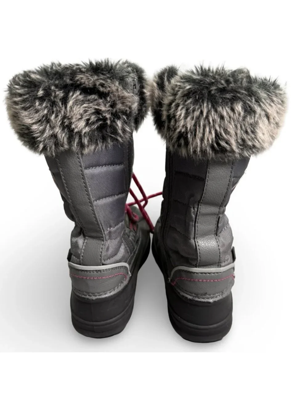 Nova Mountain Kids Snow Boots Size 2 Girls Gray Pink Faux Fur Lined Zip NFWB830